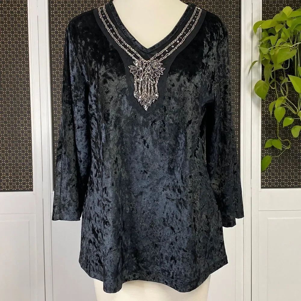 Christopher & Banks Black V-Neck Cold Shoulder 3/4 Sleeve Beaded Top